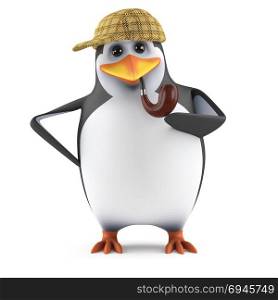 3d render of a penguin dressed as Mr Holmes