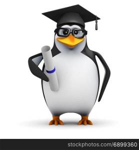 3d render of a penguin graduate with scroll of excellence
