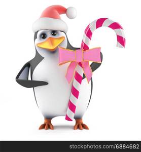 3d render of a penguin wearing a Santa Claus hat with some pink candy