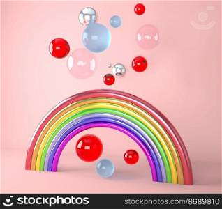 3d render of a rainbow with colorful balls, 3d illustration.. 3d render of a rainbow with colorful balls