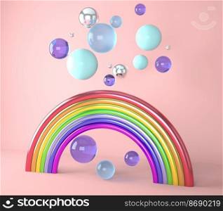 3d render of a rainbow with colorful balls, 3d illustration.. 3d render of a rainbow with colorful balls