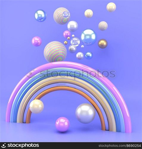 3d render of a rainbow with colorful balls. 3d illustration.. 3d render of a rainbow with colorful balls