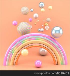 3d render of a rainbow with colorful balls. 3d illustration.. 3d render of a rainbow with colorful balls