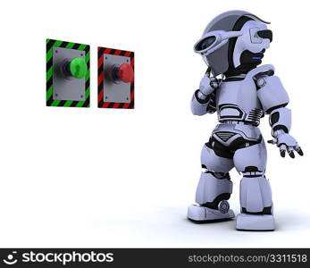 3D render of a robot and push button