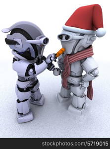 3D render of a robot building a snowman