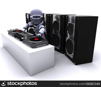 3D render of a Robot DJ mixing records on turntables