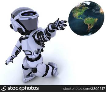 3D render of a robot introducing or presenting a globe