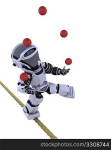 3D render of a robot juggling balls on tight rope