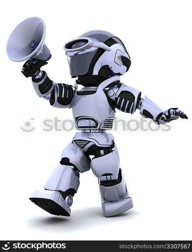 3D render of a robot shouting into bullhorn