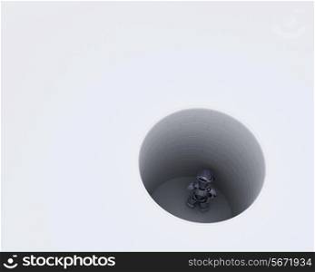 3D render of a robot stuck in a hole metaphor