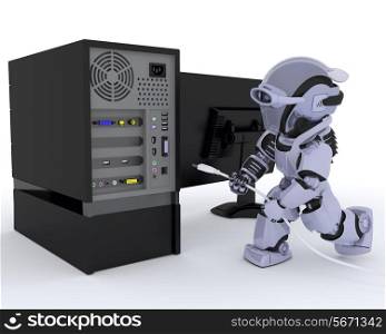 3D render of a Robot with a computer