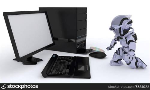 3D render of a Robot with a computer