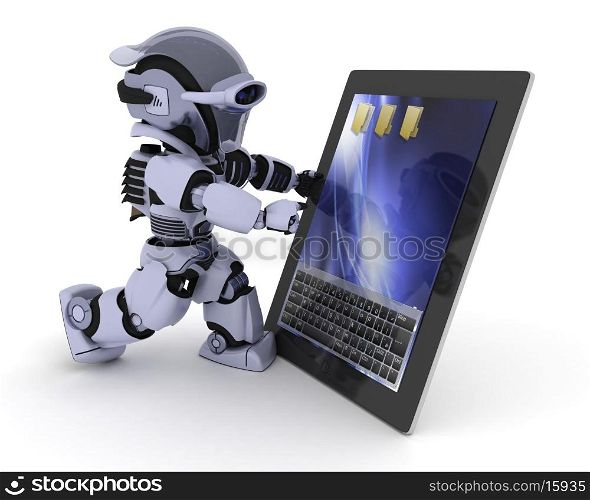 3D render of a Robot with a digital tablet