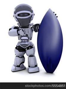 3D render of a Robot with a surf board