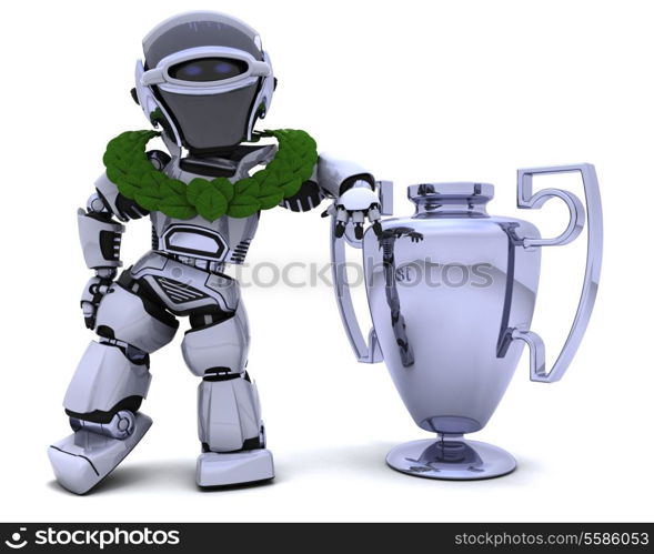 3D render of a Robot with a trophy