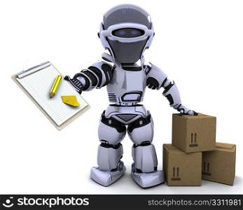3D render of a robot with clipboard and boxes