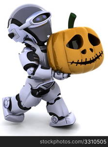 3D render of a robot with jack o lantern pumpkin