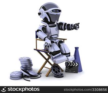 3D render of a robot with megaphone and directors chair