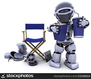 3D render of a robot with popcorn and soda with directors chair