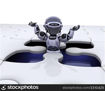 3D render of a robot with the final piece of the jigsaw puzzle