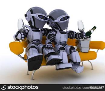 3D render of a robots sitting on a sofa drinking champagne
