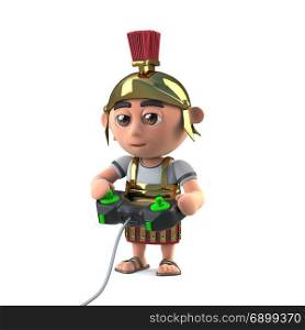 3d render of a Roman centurion soldier playing a video game.