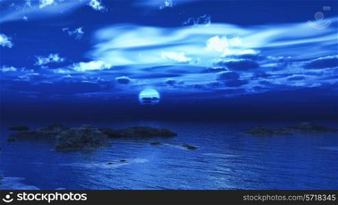 3D render of a sea scene at night.