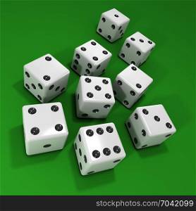 3d render of a selection of white dice on a green background