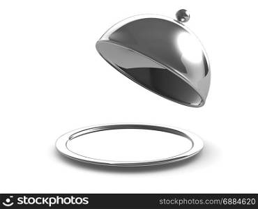 3d render of a silver platter with lid lifted off