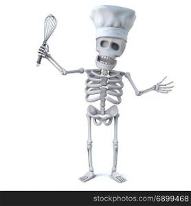3d render of a skeleton wearing a chefs hat and holding a whisk.