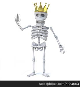 3d render of a skeleton wearing a gold crown