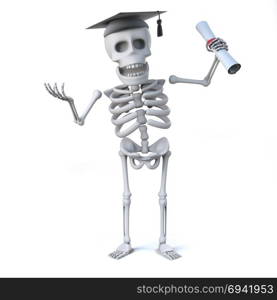 3d render of a skeleton wearing a graduation mortar board and holding a diploma