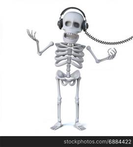 3d render of a skeleton wearing headphones