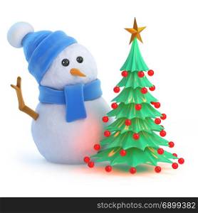 3d render of a snowman in a blue scarf and hat with a Christmas tree