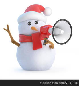 3d render of a snowman wearing a Santa hat holding a megaphone
