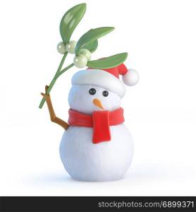 3d render of a snowman wearing a Santa hat holding mistletoe over his head