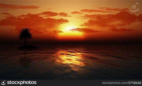 3D render of a sunset over an ocean with a silhouette of a palm tree