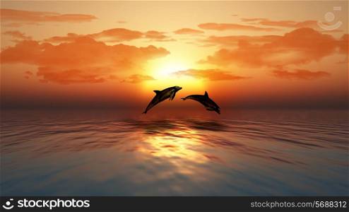 3D render of a sunset over an ocean with dolphins jumping