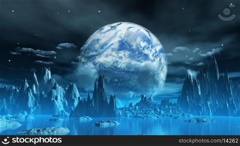 3D render of a surreal ice planet with earth in the sky
