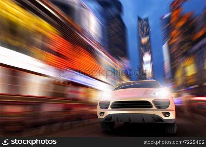3D render of a SUV at high speed in Times square