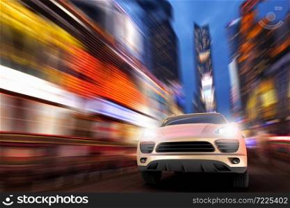3D render of a SUV at high speed in Times square
