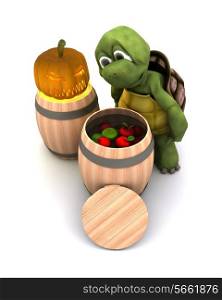 3d render of a tortoise bobbing for apples