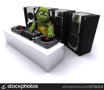 3D render of a tortoise DJ mixing records on turntables