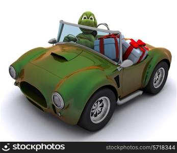 3d render of a tortoise driving a car with gifts