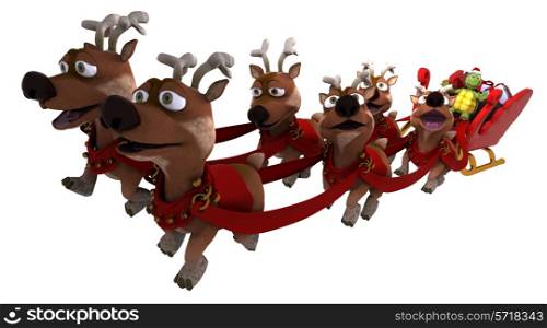 3d render of a tortoise santa with sleigh and reindeer