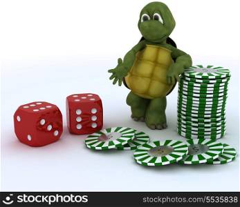 3D render of a tortoise with casino dice and chips