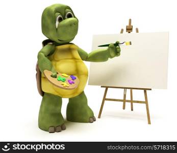 3D render of a Tortoise with easel and paint palette