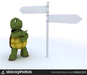 3D render of a tortoise with sign post