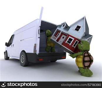 3D render of a tortoises loading a house into a house into a van