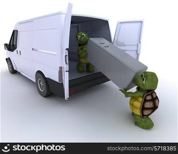 3D render of a tortoises loading a refridgerator into a van